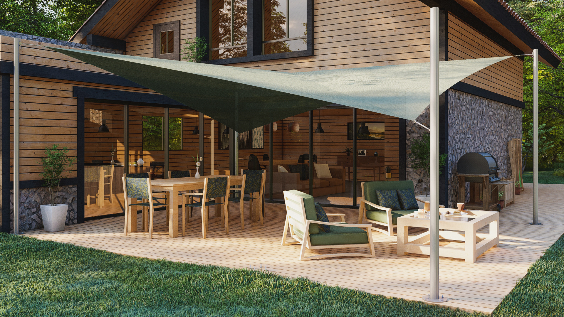 concept voile d'ombrage twist sur la terrasse bois d'un chalet